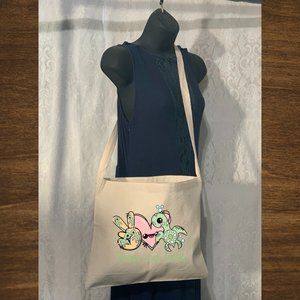 Peace Love Turtle Cotton Canvas Crossbody Messenger Tote Bag with Long Strap